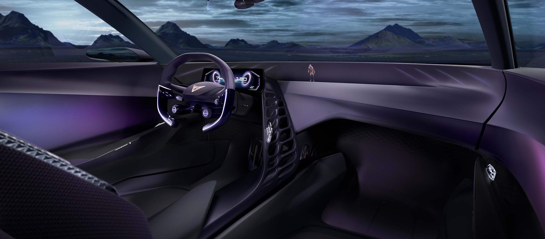 CUPRA Dark Rebel’s interior and dashboard with infotainment system, a metahype avatar and purple ambient lighting.