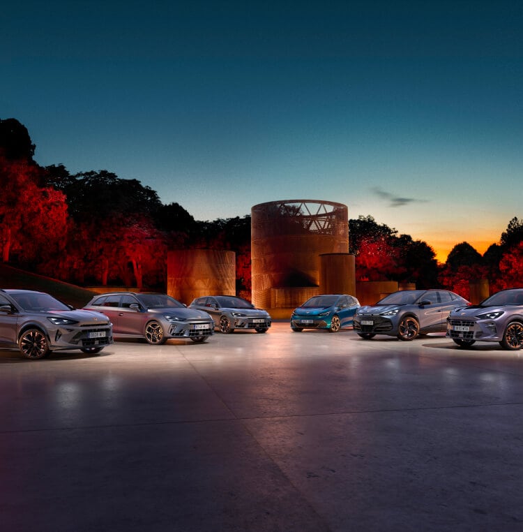 CUPRA range, business car options for fleet management, orange background and concrete.