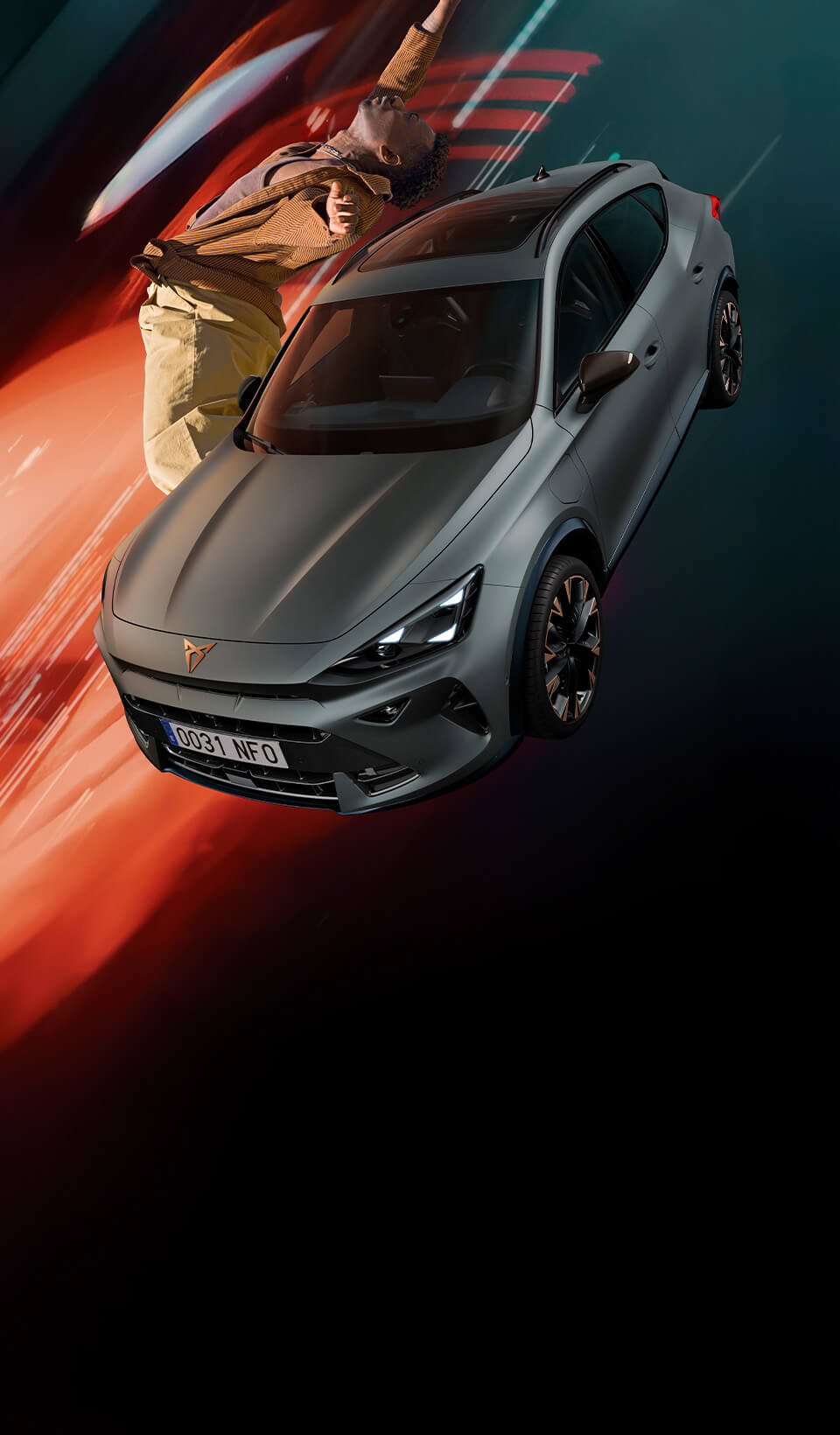 A CUPRA Formentor CUV suspended diagonally, next to a rocky, cliff-like structure. A charging cable is connected to the car from a charging unit on the cliff face.